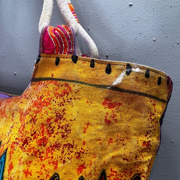 Vintage Laurel Burch Bag Handbag Tote Purse Cat Design Colorful Canvas Beach - Picture 10 of 16